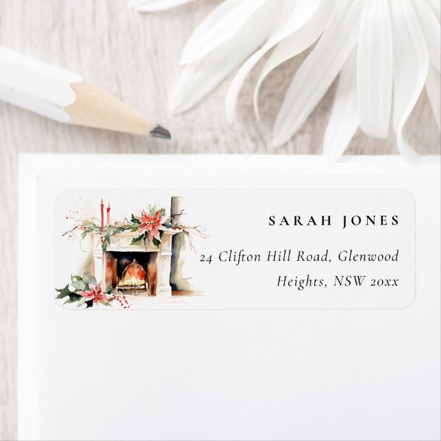 Chic Poinsettia Fireplace Warm Christmas Address Label (Insitu)