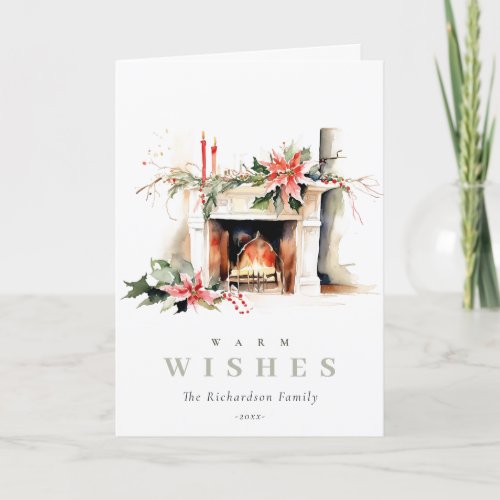 Chic Poinsettia Fireplace Warm Christmas Wishes Holiday Card