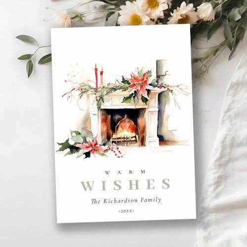 Chic Poinsettia Fireplace Warm Christmas Wishes Holiday Card