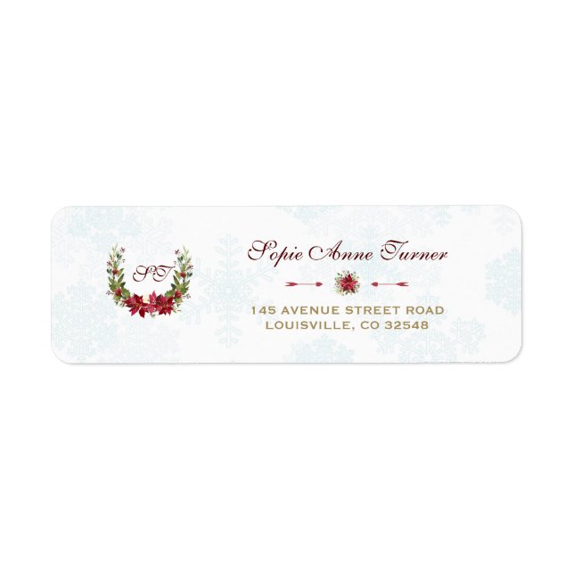 Chic Poinsettia Winter Wreath Snowflakes Wedding Label (Front)