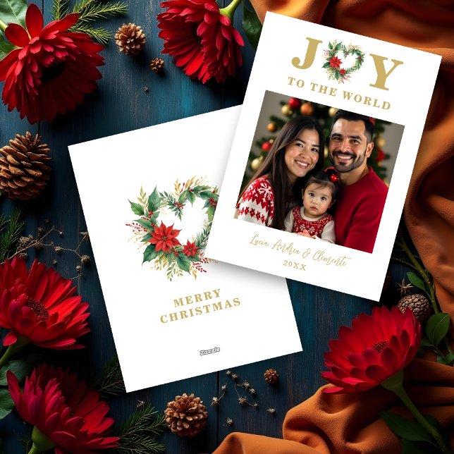 Chic Poinsettias Christmas Heart-Shape Garland Holiday Card (Chic Poinsettias Christmas Heart-Shape Garland Photo and Joy to the World Quote Holidays Cards.)