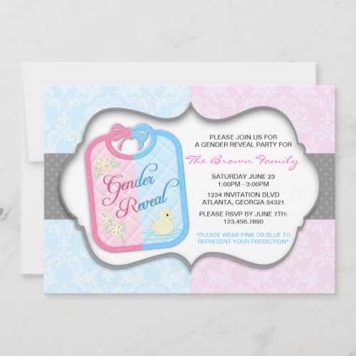 Chic Polka Dot Damask Baby Bib Gender Reveal Invitation