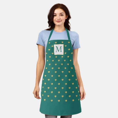 Chic Polka Dot Gold Hearts Monogram Turquoise Apron