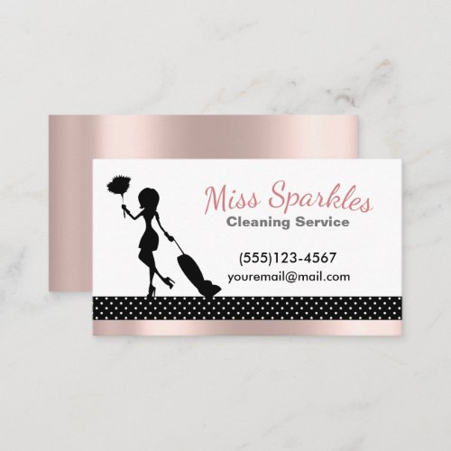 Chic Polka Dot  Pink Foil Maid Cleaning Services Business Card
