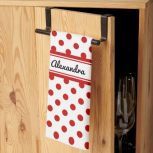 Chic Polka Dot Red White Background Kitchen Towel