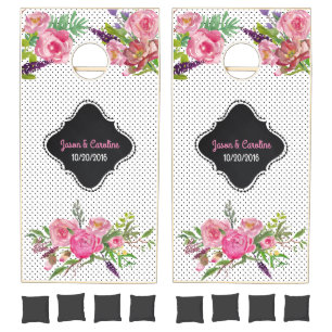 Chic Polka Dots and Peonies Wedding Cornhole Set