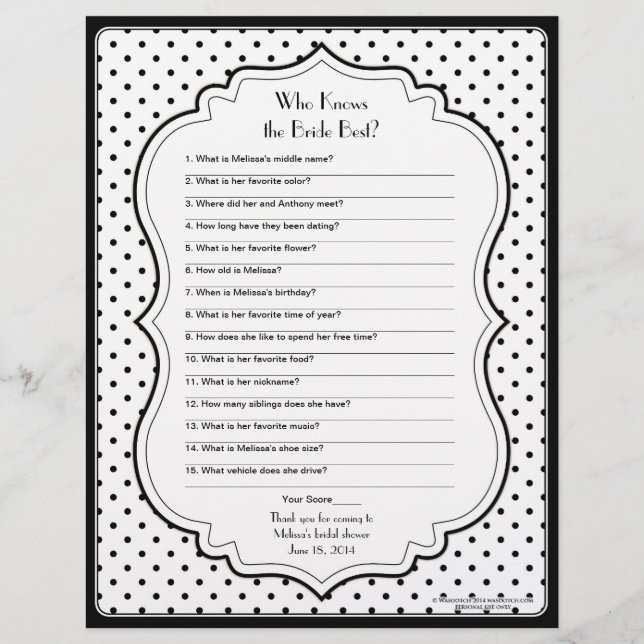 Chic Polka Dots Bride Best Bridal Shower Game (Front)