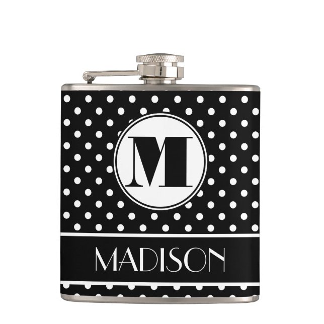 Chic Polka Dots Monogram Personalized Flask (Front)