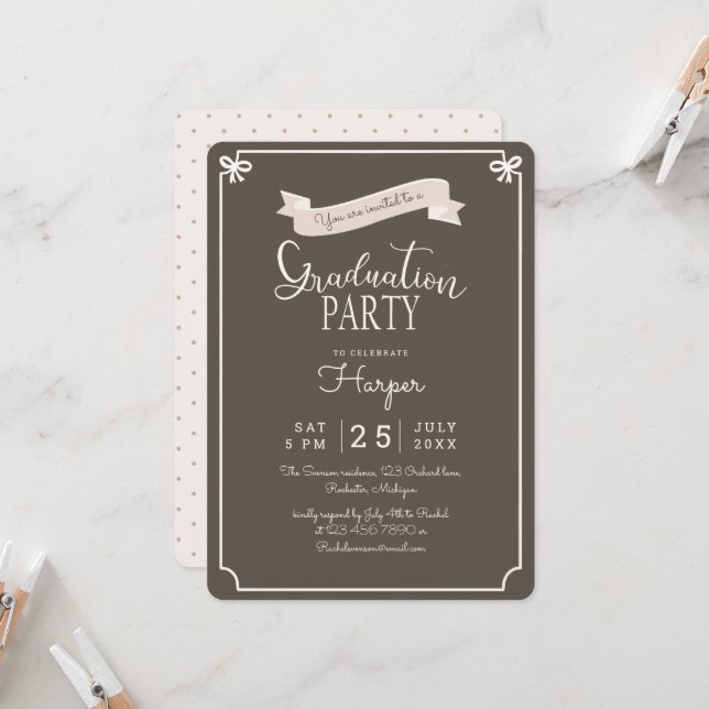 chic Polkadot vintage graduation party Invitation (Front/Back In Situ)