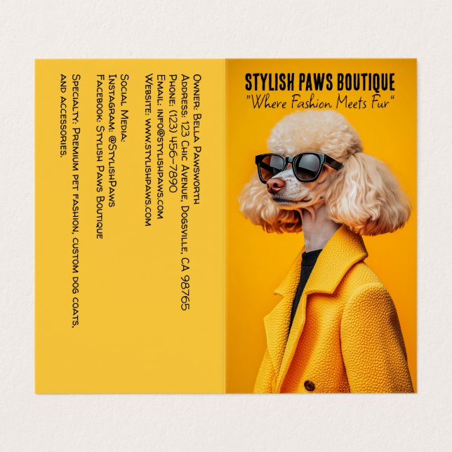 Chic Poodle in Sunglasses and Yellow Coat Business Card (Outside Unfolded)