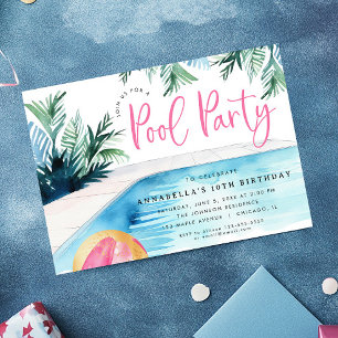 Chic pool birthday party modern watercolor  invitation