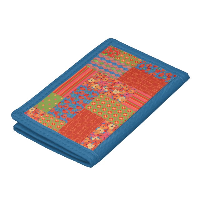Chic Poppies Faux-patchwork Blue Trifold Wallet (Top)