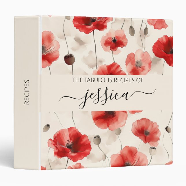 Chic poppies pattern script name Recipe 3 Ring Binder (Front/Spine)