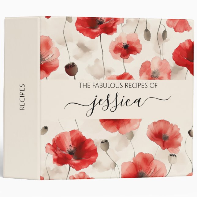 Chic poppies pattern script name Recipe 3 Ring Binder (Front/Spine)