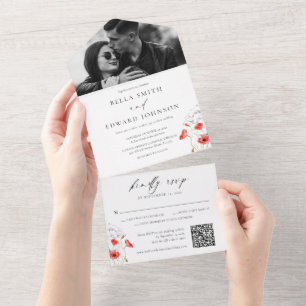 Chic Poppy Red Flowers Monogram Photo Wedding All In One Invitation