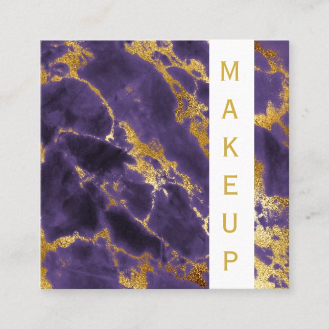 *~* Chic Popular Gold Dark Purple Marble Makeup Square Business Card (Front)