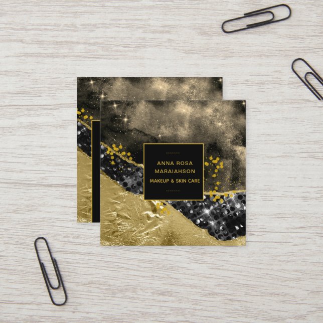 *~* Chic Popular Gold Glitter Black Agate Geode  Square Business Card (Front/Back In Situ)