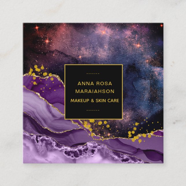 *~* Chic Popular Gold Glitter Purple Agate Geode Square Business Card (Front)