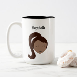 Chic Portrait: Customizable Brunette Girl Illustra Two-Tone Coffee Mug