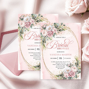 Chic Powder Pink Floral Eucalyptus Bridal Shower Invitation