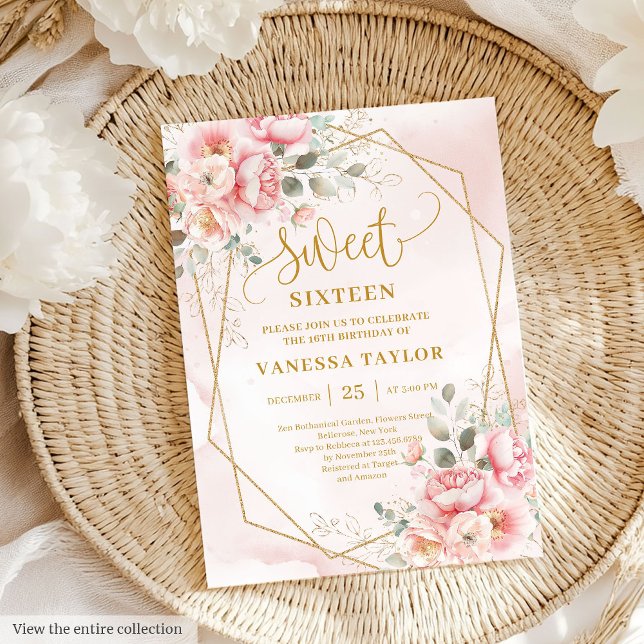 Chic Powder Pink Gold Peonies Sweet 16 Invitation (Chic Powder Pink Gold Peonies Sweet 16 Invitation)