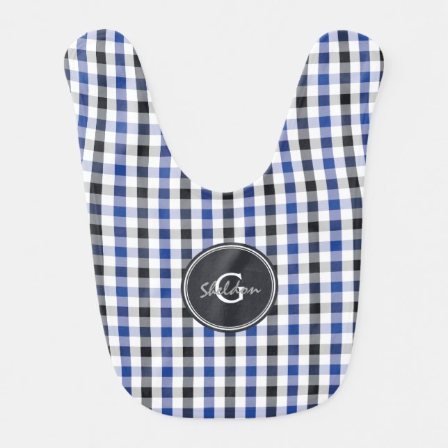 chic preppy blue black gingham pattern monogram baby bib (Front)