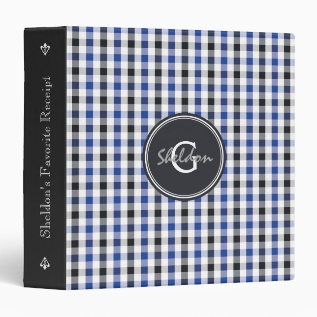 chic preppy blue black gingham pattern monogram binder (Front/Spine)