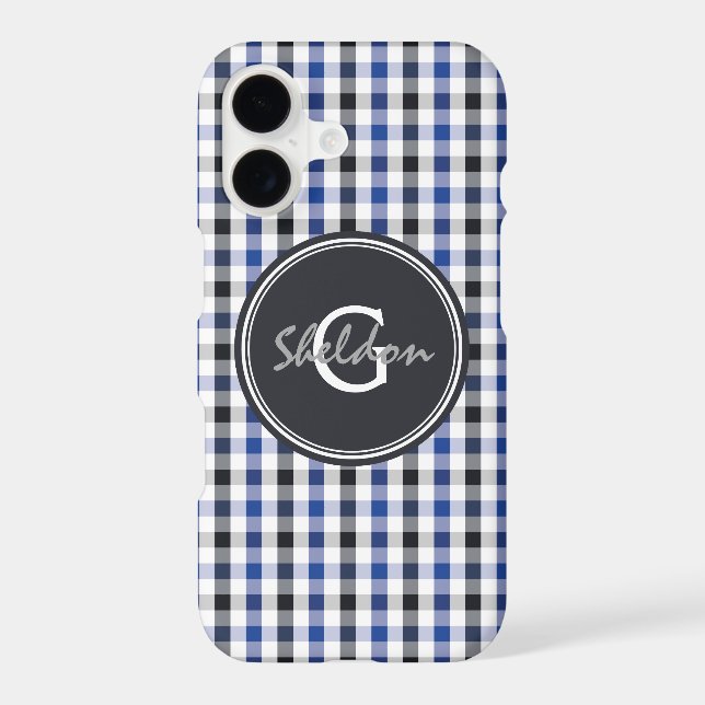 chic preppy blue black gingham pattern monogram iphone case (Back)