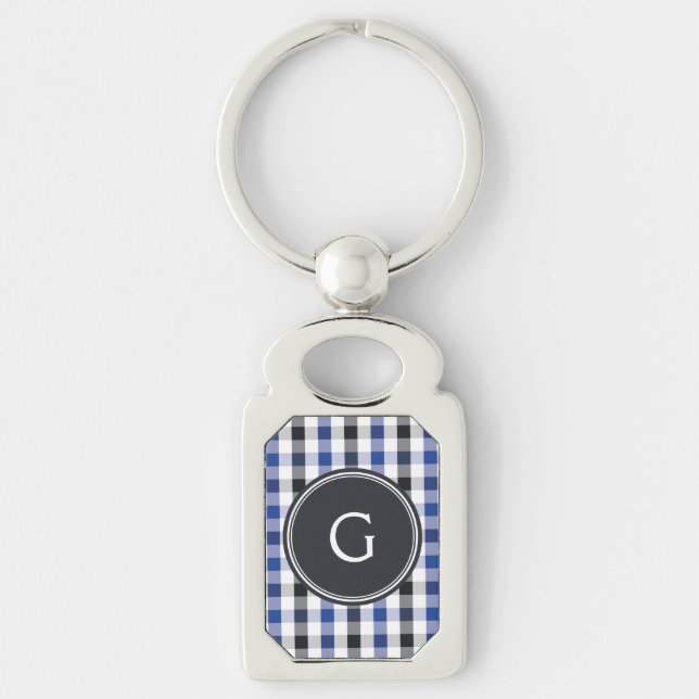 chic preppy blue black gingham pattern monogram keychain (Front)