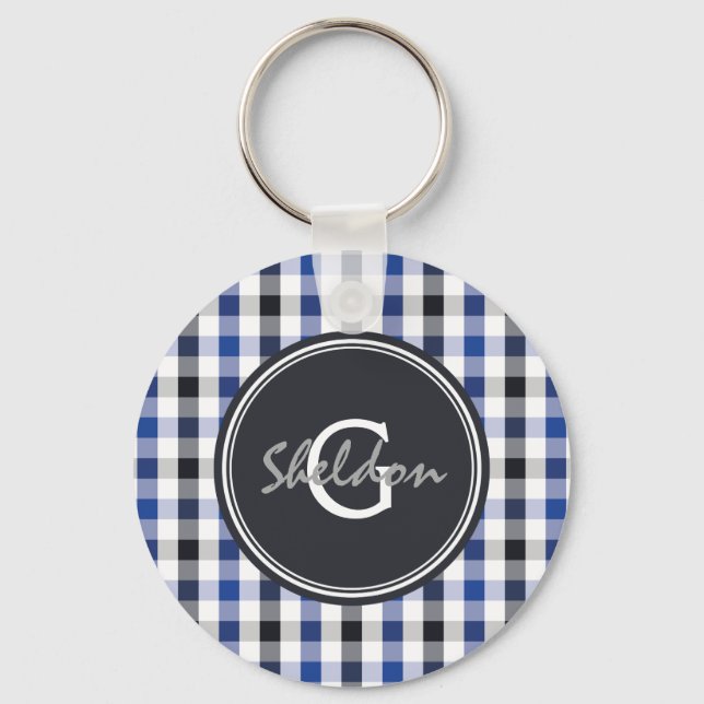 chic preppy blue black gingham pattern monogram keychain (Front)