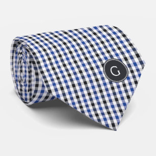 chic preppy blue black gingham pattern monogram neck tie