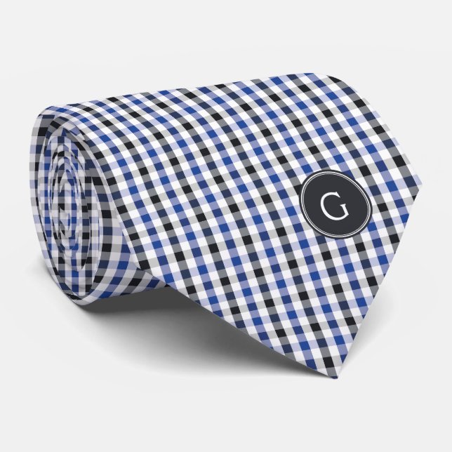 chic preppy blue black gingham pattern monogram neck tie (Rolled)