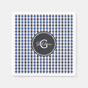 chic preppy blue black gingham pattern monogram paper napkins