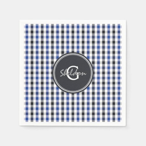 chic preppy blue black gingham pattern monogram paper napkins