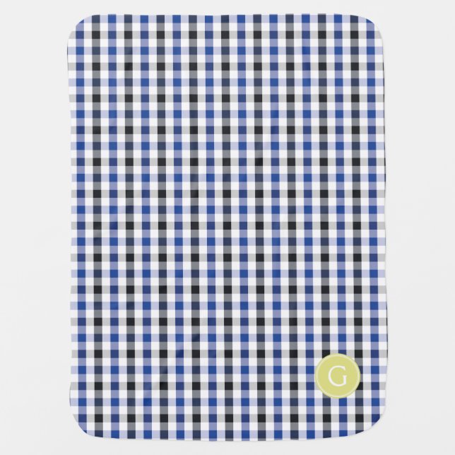 chic preppy blue black gingham pattern monogram receiving blanket (Front)
