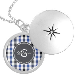 chic preppy blue black gingham pattern monogram silver plated necklace