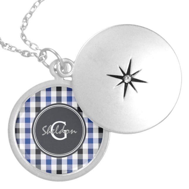 chic preppy blue black gingham pattern monogram silver plated necklace (Front)