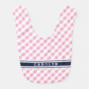 chic preppy pink navy gingham pattern monogram baby bib
