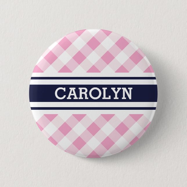 chic preppy pink navy gingham pattern monogram button (Front)