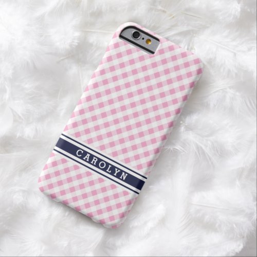 chic preppy pink navy gingham pattern monogram barely there iPhone 6 case