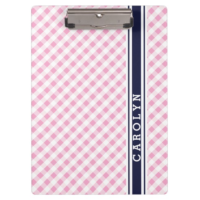 chic preppy pink navy gingham pattern monogram clipboard (Front)