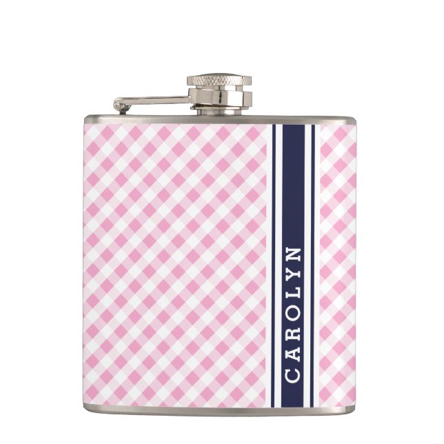 chic preppy pink navy gingham pattern monogram flask (Front)