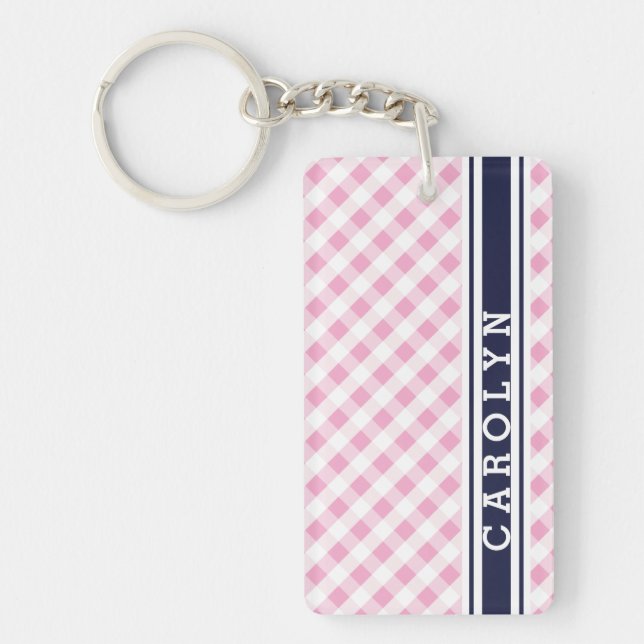 chic preppy pink navy gingham pattern monogram keychain (Front)