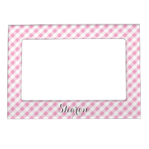 chic preppy pink navy gingham pattern monogram magnetic frame