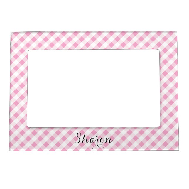 chic preppy pink navy gingham pattern monogram magnetic frame (Front)