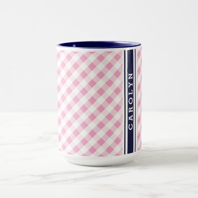 chic preppy pink navy gingham pattern monogram mug (Center)