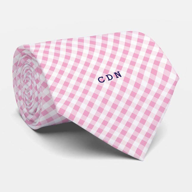 chic preppy pink navy gingham pattern monogram neck tie (Rolled)