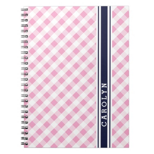 chic preppy pink navy gingham pattern monogram notebook