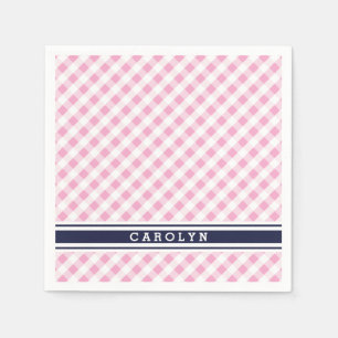chic preppy pink navy gingham pattern monogram paper napkins