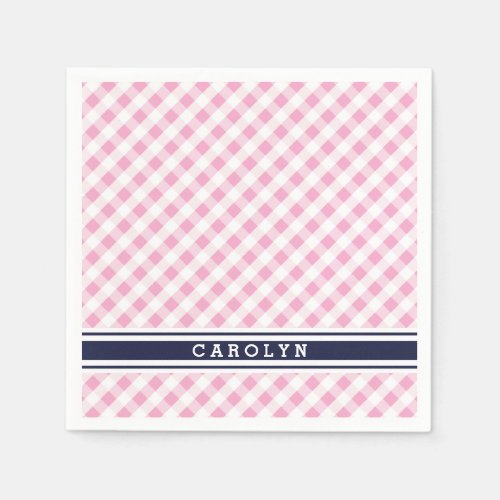 chic preppy pink navy gingham pattern monogram paper napkins